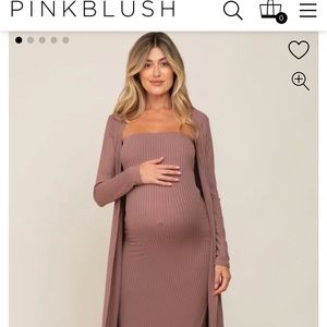 Pink Blush Mocha Ribbed Sleeveless Dress Cardigan Maternity Set